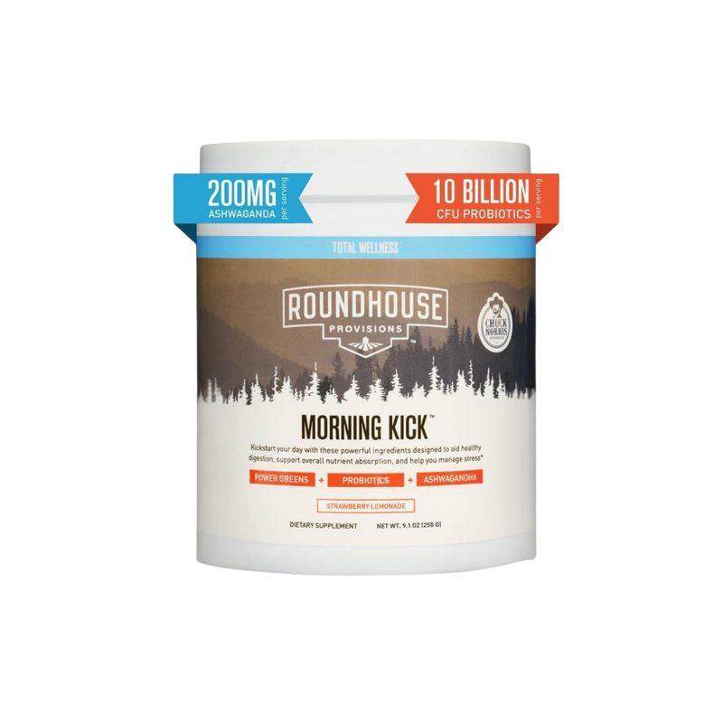 ROUNDHOUSE PROVISION Morning Kick Superfood Drink (Strawberry Lemonade) – Zero Sugar Greens Powder with Ashwagandha, Collagen & Probiotics – 30 Servings – Pack of 1