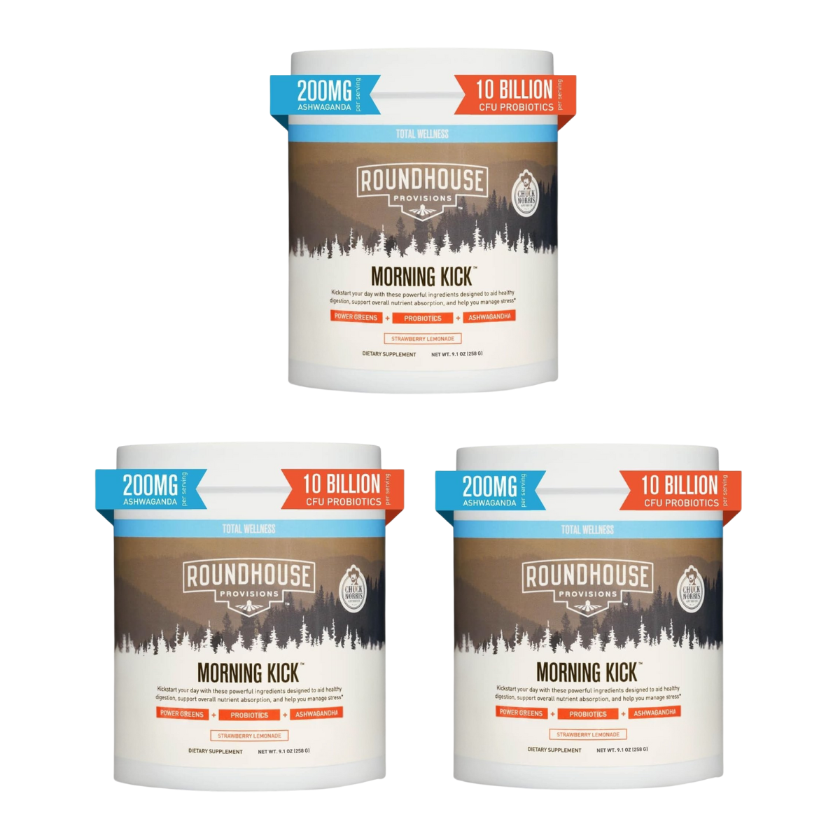 ROUNDHOUSE PROVISION Morning Kick Daily Superfood Drink – Zero Sugar Greens with Collagen, Probiotics & Ashwagandha – Strawberry Lemonade Flavor – 30 Servings Each – Pack of 3
