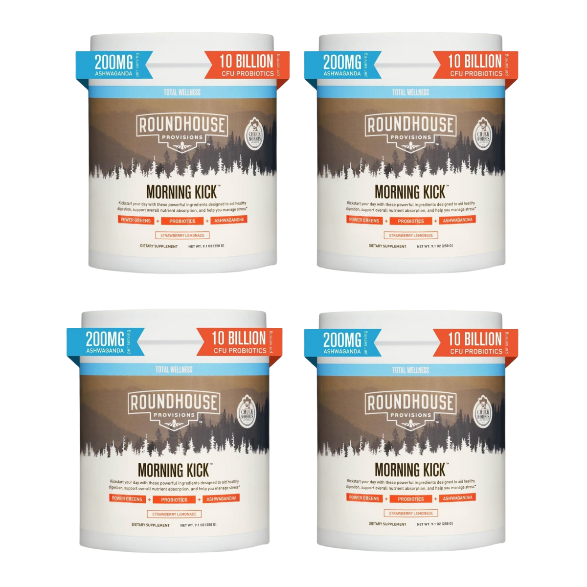 ROUNDHOUSE PROVISION Morning Kick Superfood Drink – Zero Sugar Greens with Ashwagandha, Collagen & Probiotics – Strawberry Lemonade – 30 Servings Each – Pack of 4